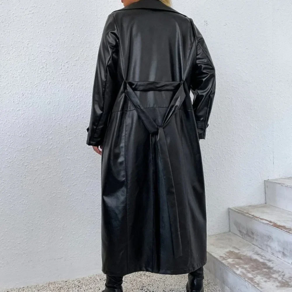 PLUS SIZE BLACK PU LEATHER COLLAR BELTED TRENCH COAT - Picture 7 of 7